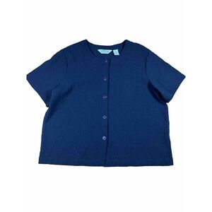 Orvis Top Womens Size L  Black Short Sleeve Button up Rayon Blend Crinkle Pucker